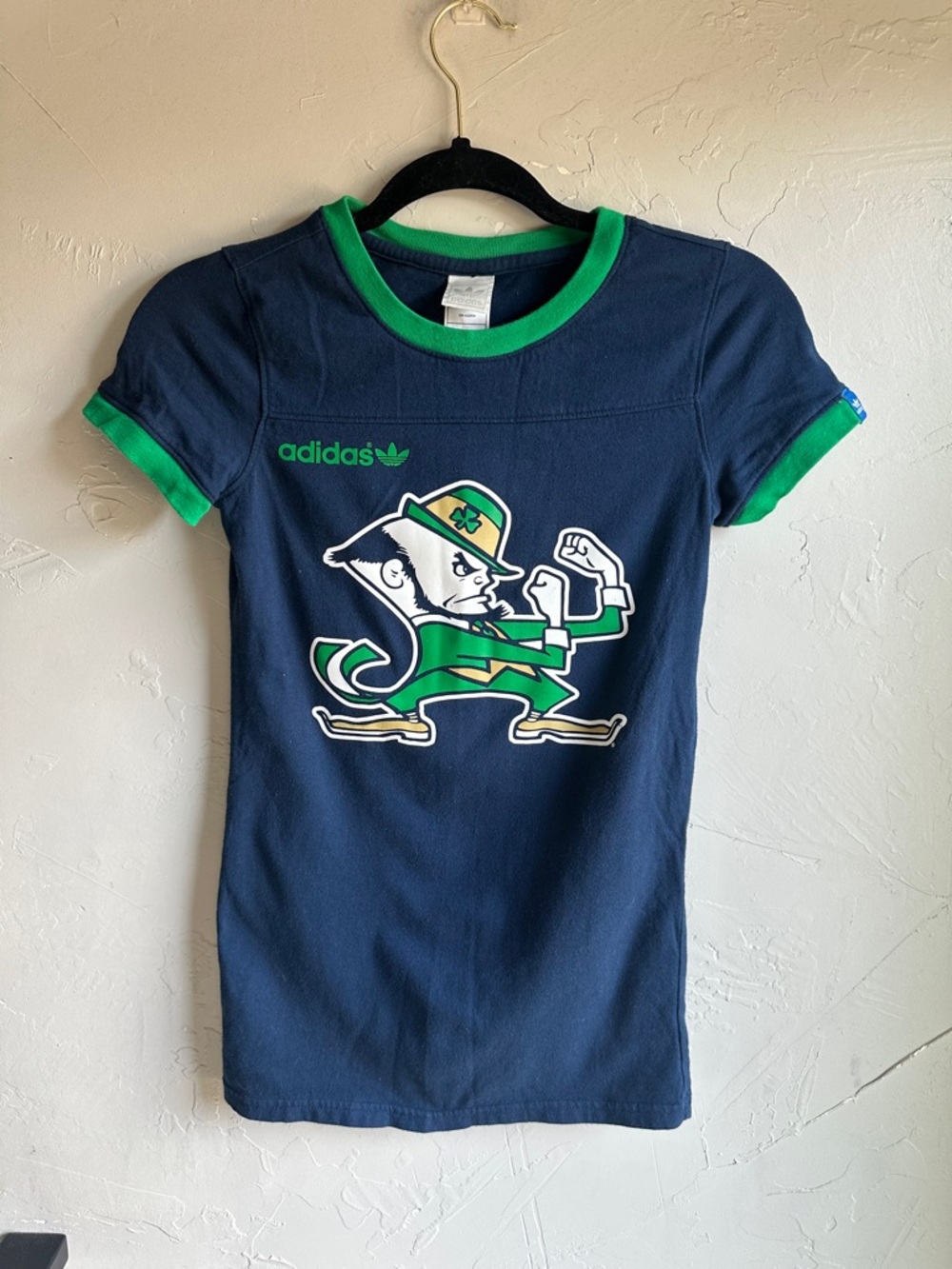 adidas Women’s Navy Blue Short Sleeve Tee with Green Trim and Graphic